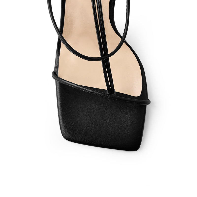 Black Ankle Strap Square Toe Chunky Heels Sandals