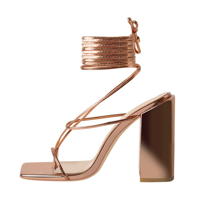 Rose Gold Ankle Strap Square Toe Chunky Heels Sandals