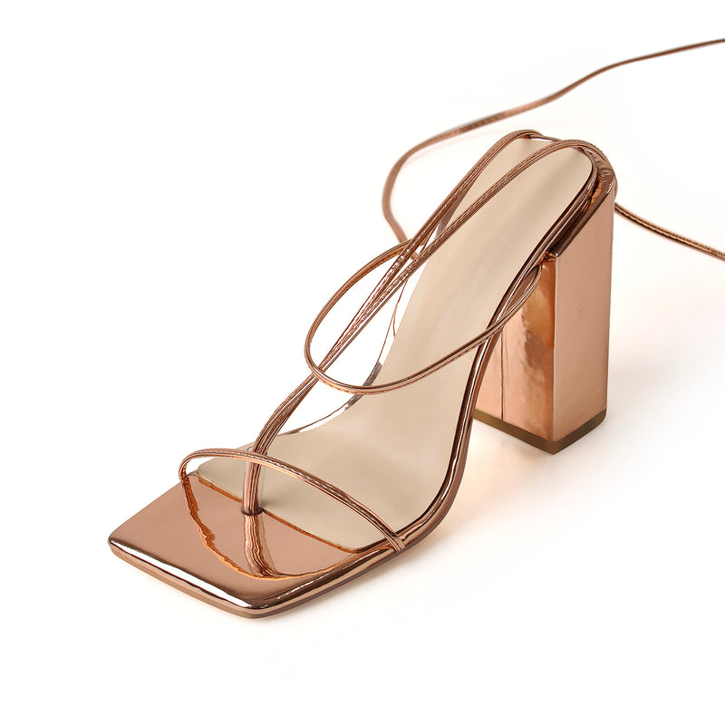 Rose Gold Ankle Strap Square Toe Chunky Heels Sandals