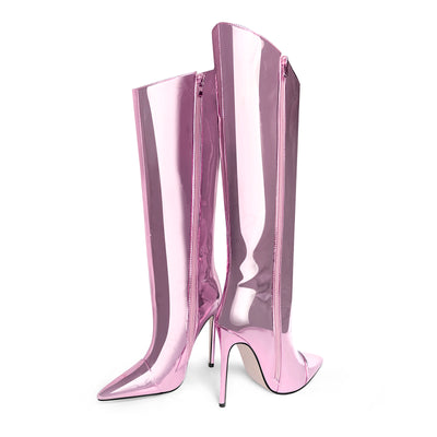 Pink Metallic Leather Stiletto Boots