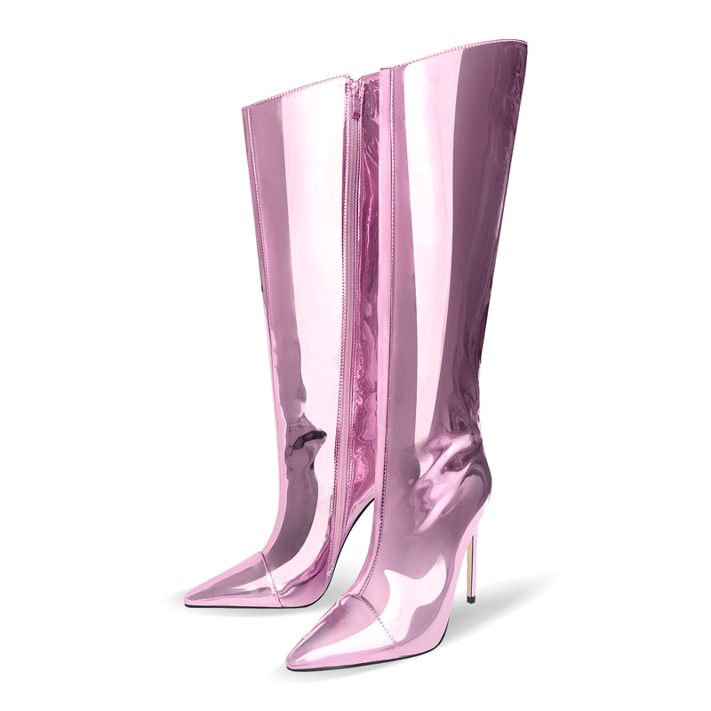 Pink Metallic Leather Stiletto Boots