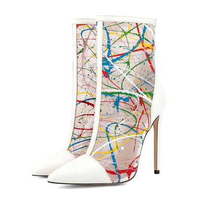Pointed Toe Perspective Graffiti Ankle Boots