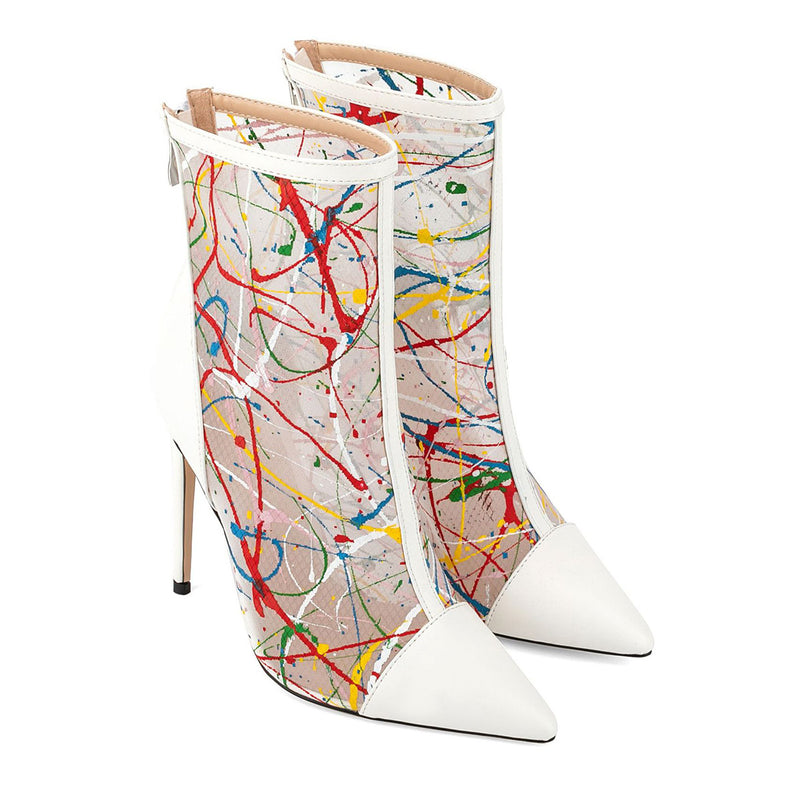 Pointed Toe Perspective Graffiti Ankle Boots