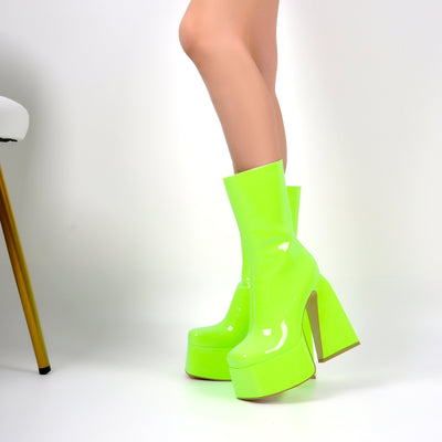 Fluorescent Green Platform Mid-Calf Chunky Boots