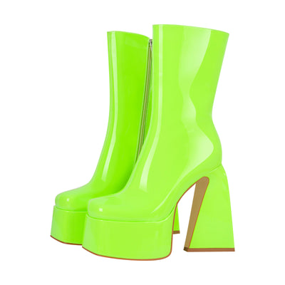 Fluorescent Green Platform Mid-Calf Chunky Boots
