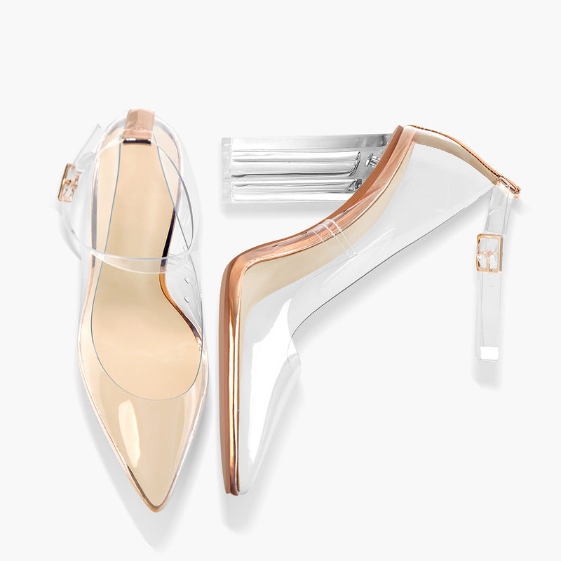 Pointed Toe Buckle Strap Clear Heels Pumps