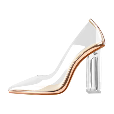 Clear Pointed Toe Block High Heel Pumps