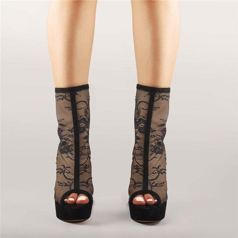 Mesh Flower Peep Toe Platform Chunky High Heel Sandals Boots