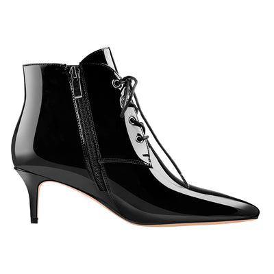 Patent Leather Pointed Toe Lace-up Kitten Low Heel Booties