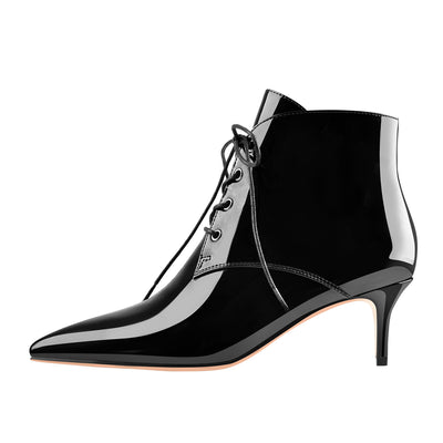 Patent Leather Pointed Toe Lace-up Kitten Low Heel Booties
