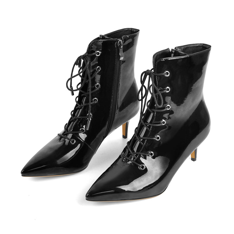 Kitten Low Heel Pointed Toe Lace Up Patent Black Leather Ankle Boots