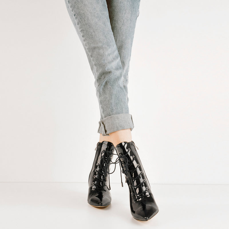 Kitten Low Heel Pointed Toe Lace Up Patent Black Leather Ankle Boots