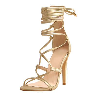 Lace up High Heels Gold Gladiator Stiletto Sandals