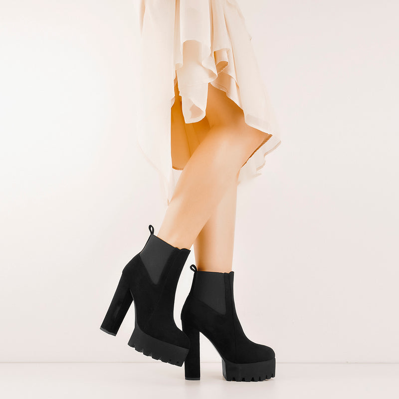 Black Suede Chunky High Heel Ankle Boots