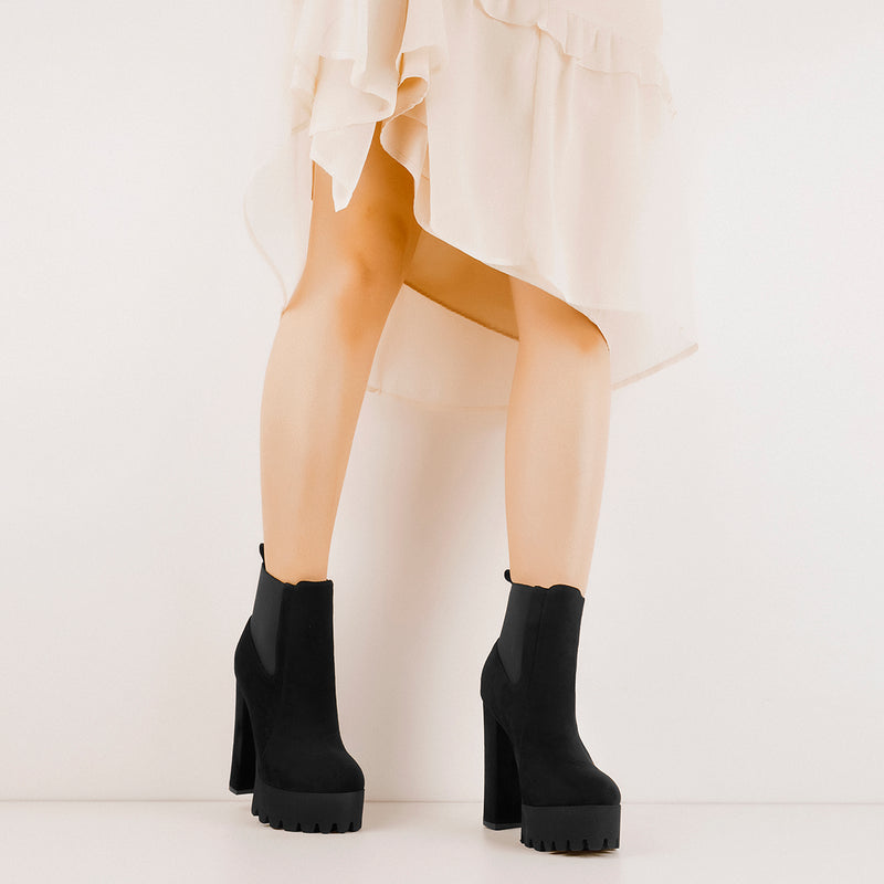 Black Suede Chunky High Heel Ankle Boots