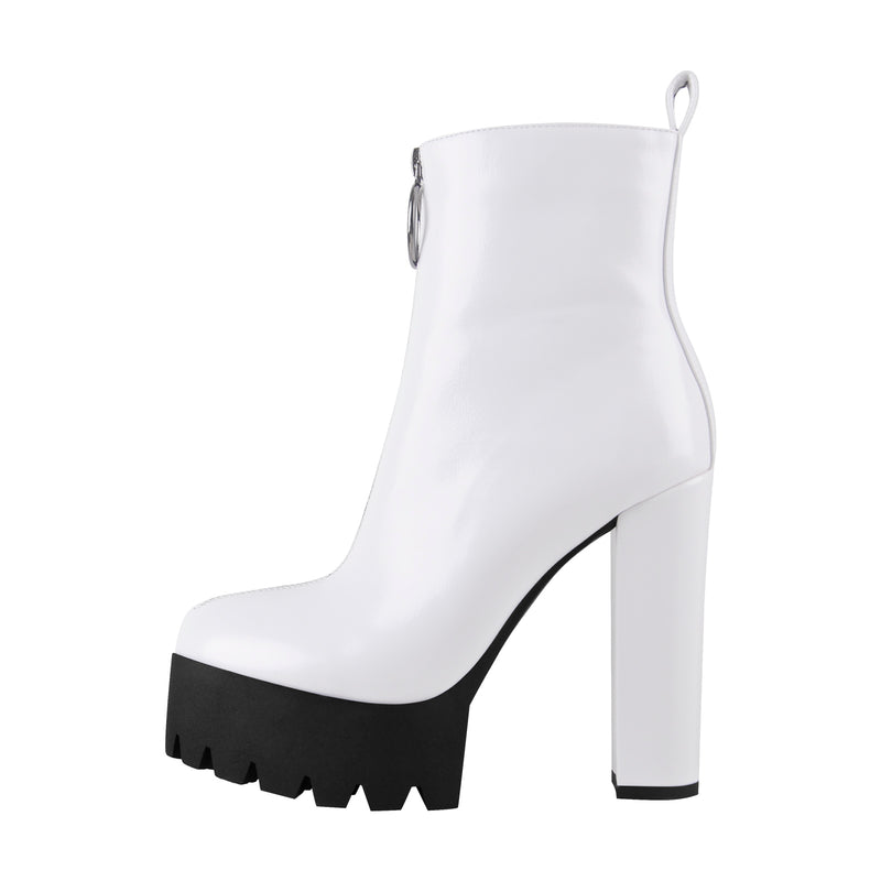 White Platform Round Toe Zipper Chunky Heels Ankle Boots