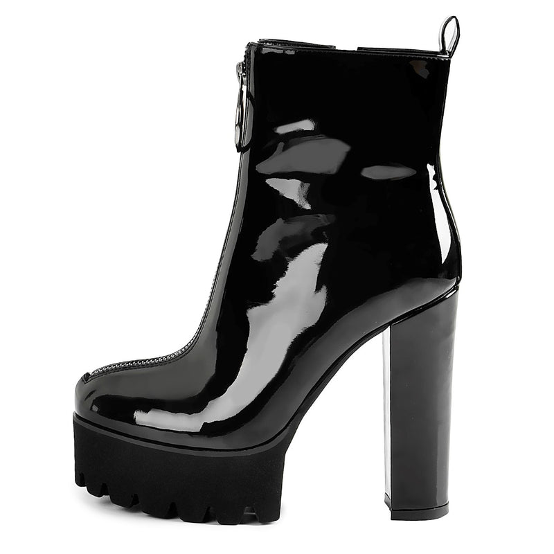 Round Toe Black Patent Leather Platform Chunky High Heel Ankle