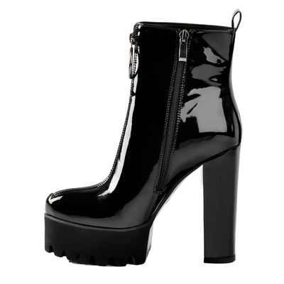 Round Toe Black Patent Leather Platform Chunky High Heel Ankle Boots
