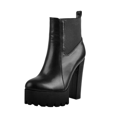 Round Toe Black Matte Leather Platform Chunky High Heel Ankle Boots