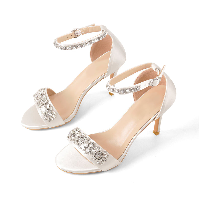 Rhinestone Embellished Ankle Strap White Sandals