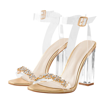 Clear Ankle Strap Perspex Chunky Rose Gold High Heel Sandals