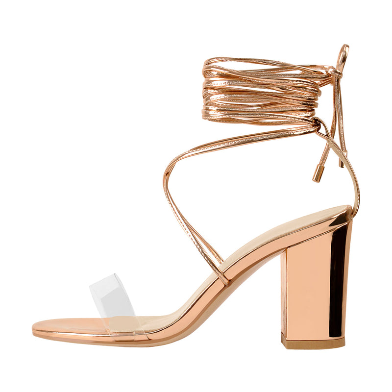 8cm Rose Gold Ankle Strap Square Toe Chunky Heels Sandals