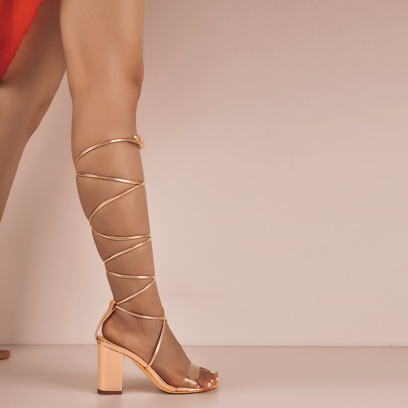 8cm Rose Gold Ankle Strap Square Toe Chunky Heels Sandals