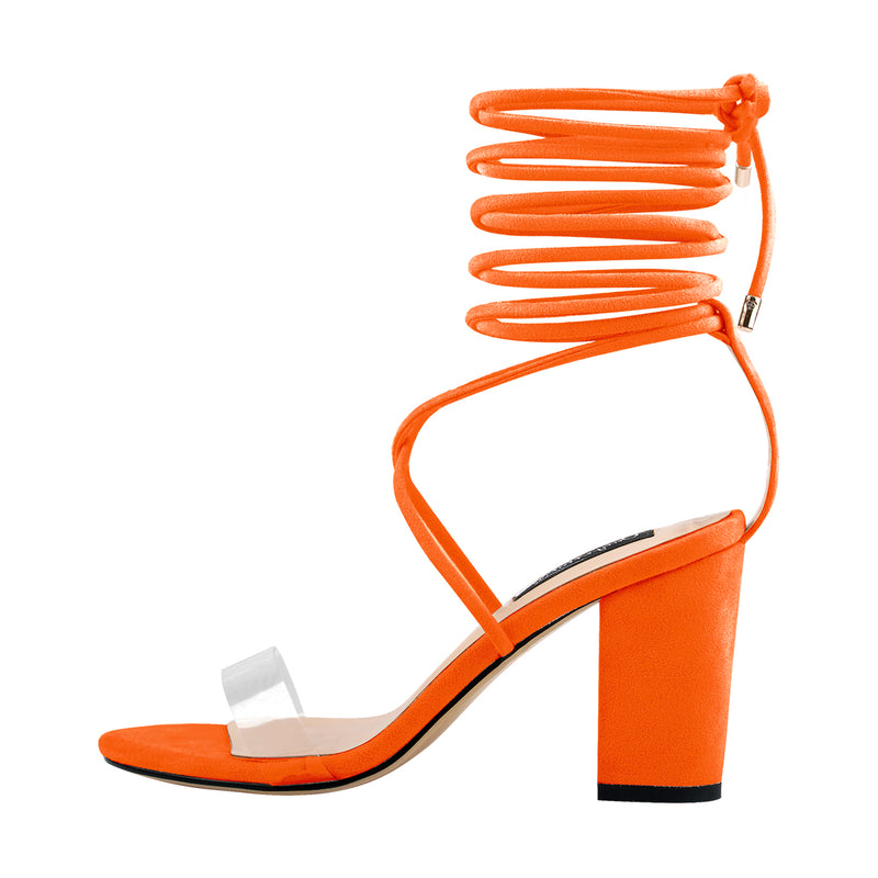 Clear Band Gladiator Chunky High Heel Orange Open Toe Lace Up Strappy Heeled Sandals