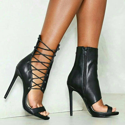 Lace Up Cutout High Heel Sandal Boots