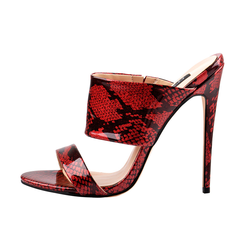Two Band Snake Red Sandals High Heel Mules