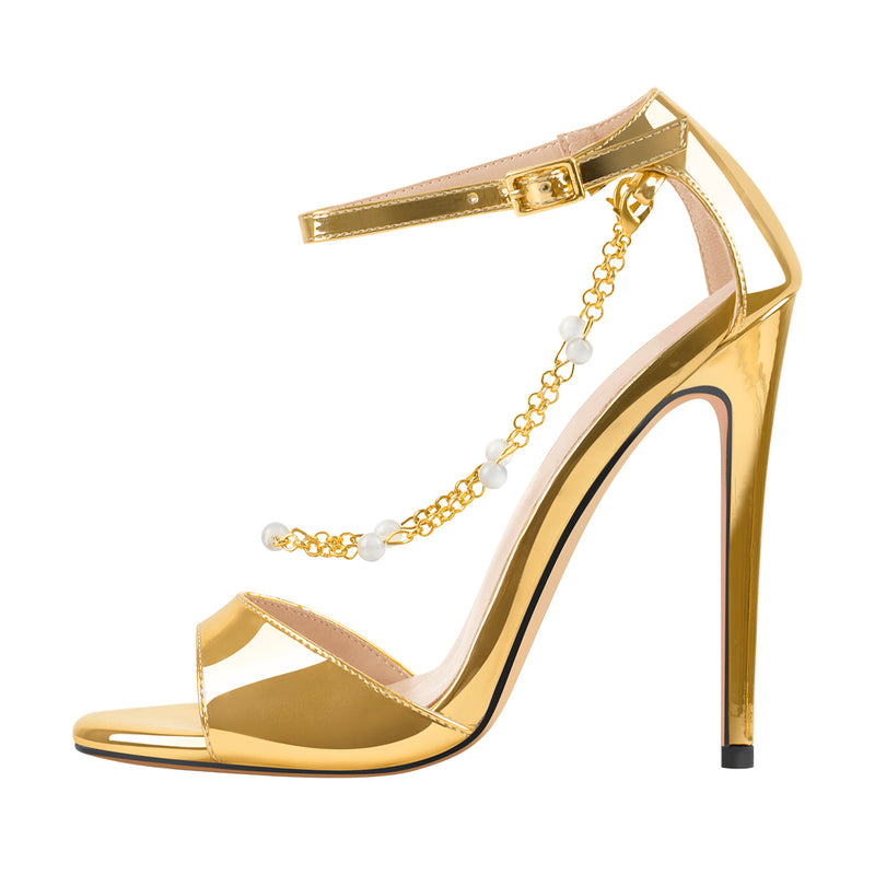 Gold Pearl Metal Chain Ankle Strap Open Toe High Heel Sandals