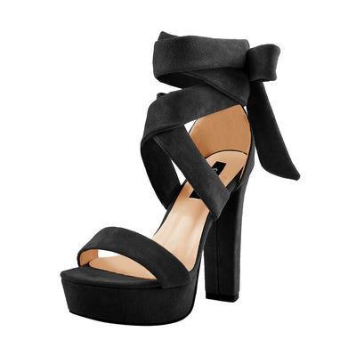 Black Platform Chunky High Heel Lace Up Sandals