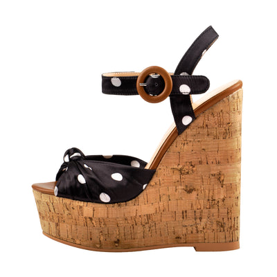 Polka Dot Open Toe Wood Heel Wedge Sandals