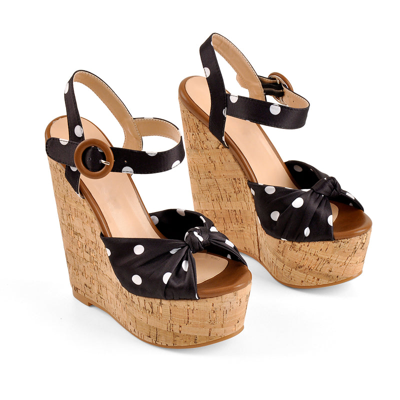 Polka Dot Open Toe Wood Heel Wedge Sandals