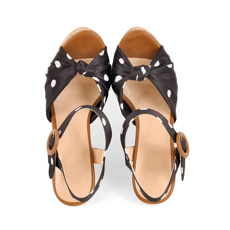 Polka Dot Open Toe Wood Heel Wedge Sandals