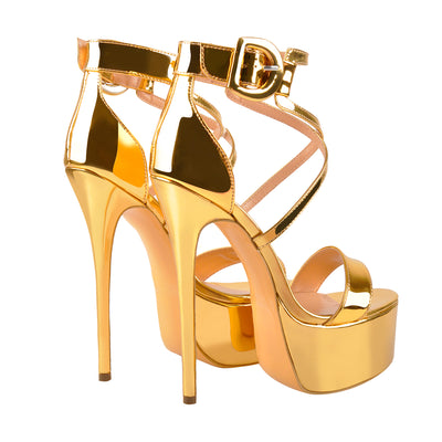 Gold Patent Leather Platform Stiletto Crisscross Ankle Strap Sandals