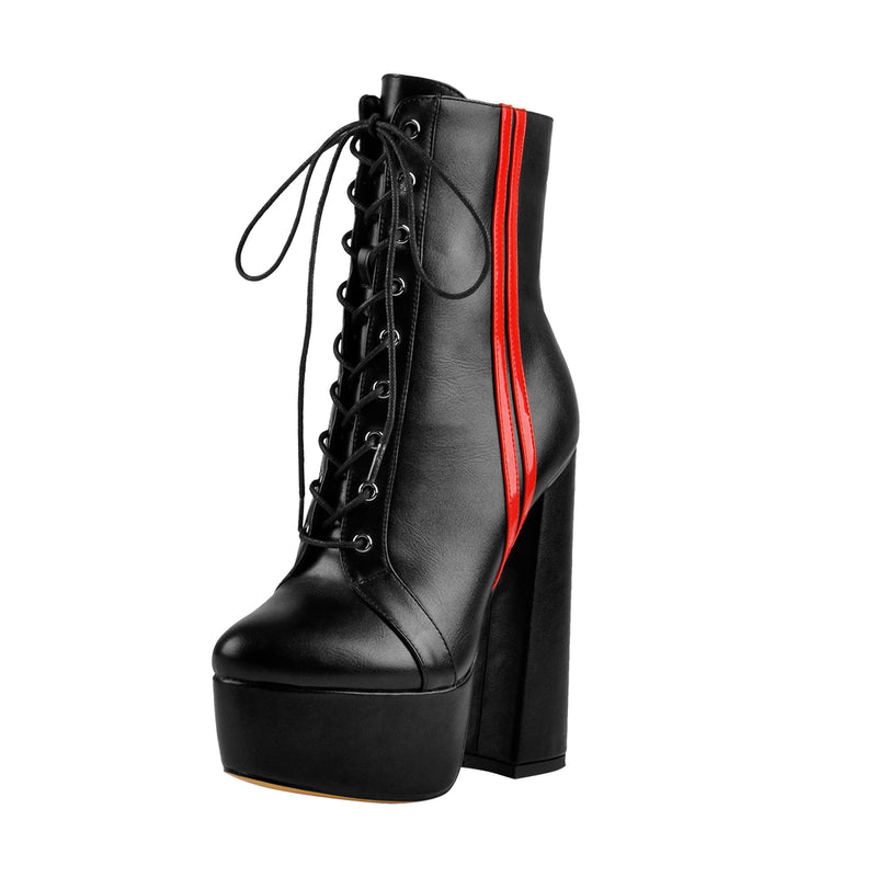 Lace Up Platform Round Toe Side Red Stripes Chunky Heels Ankle Boots