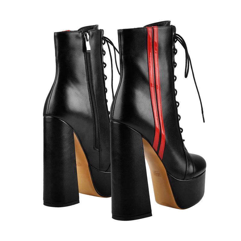 Lace Up Platform Round Toe Side Red Stripes Chunky Heels Ankle Boots