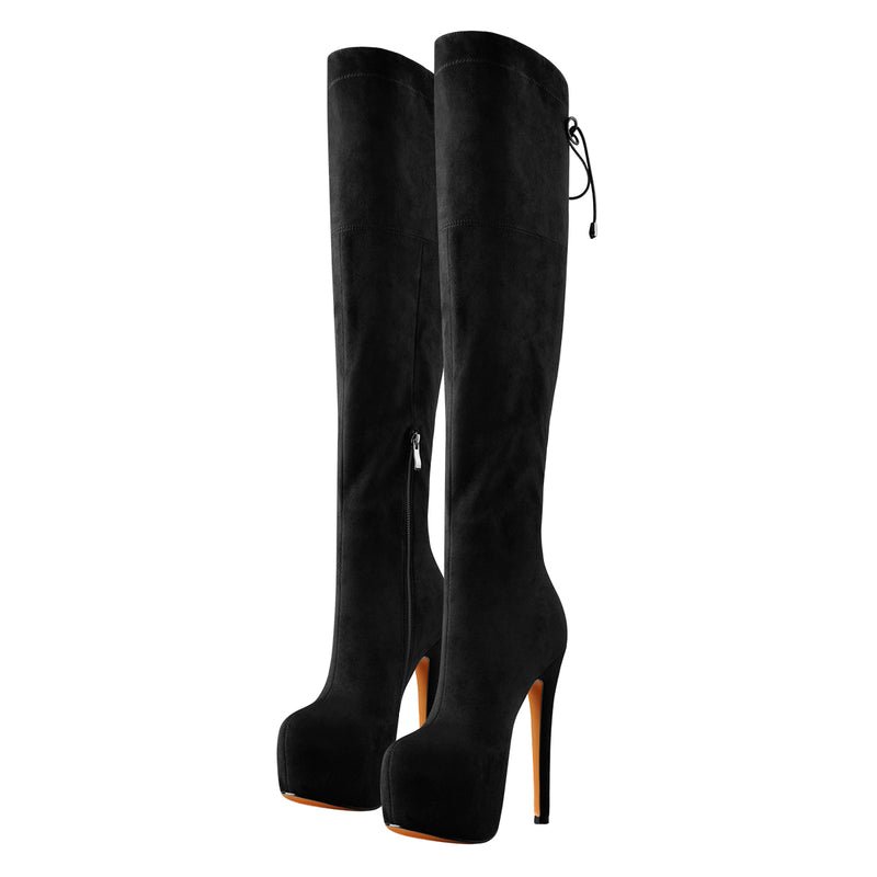 Black Suede Round Toe Platform Over The Knee Boots