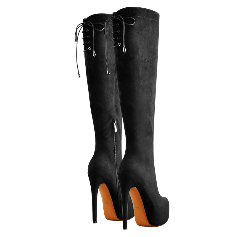 Black Suede Round Toe Platform Over The Knee Boots