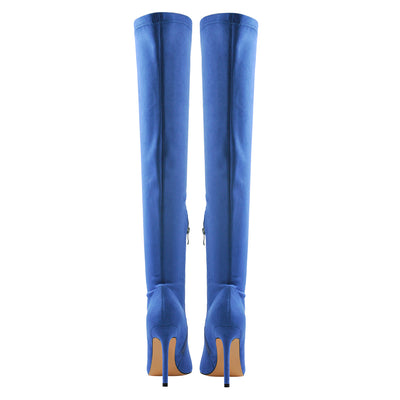 Blue Stretch Overthe Knee High Boot Pointed Toe Stiletto Booties
