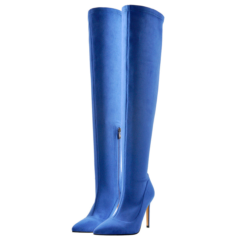 Blue Stretch Overthe Knee High Boot Pointed Toe Stiletto Booties