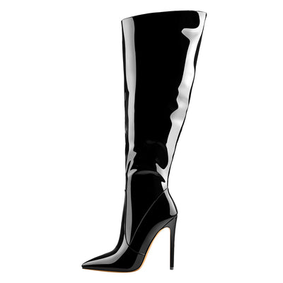 Black Patent Leather Zip Pointed Toe Knee High Boots