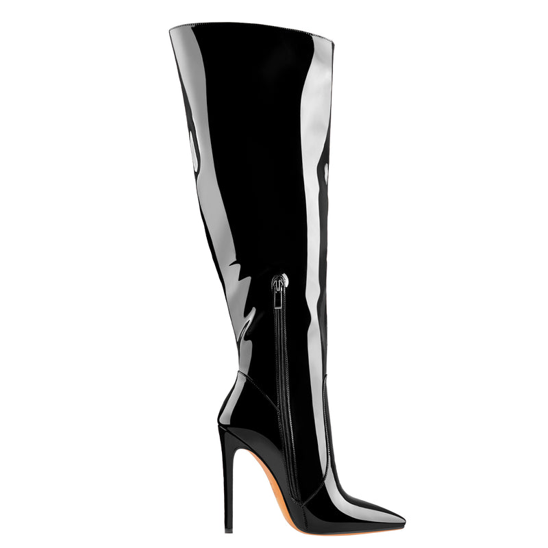 Black Patent Leather Zip Pointed Toe Knee High Boots