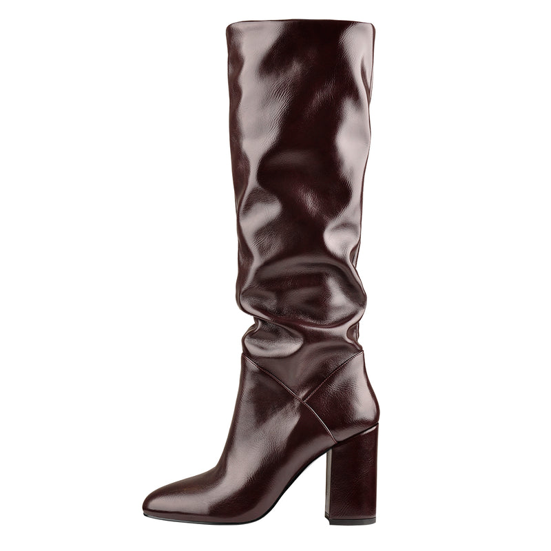 Round Toe Crinkle Mid Calf Chunky Heels Boots