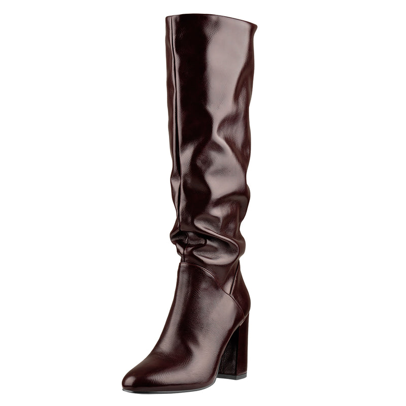 Round Toe Crinkle Mid Calf Chunky Heels Boots