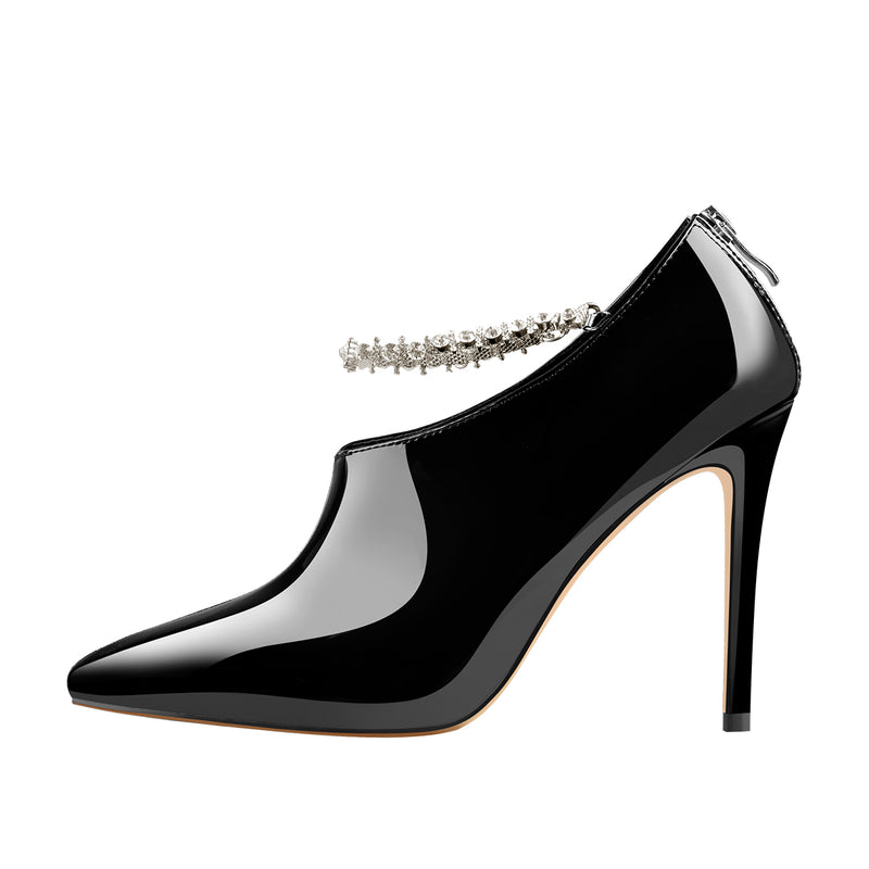 Pointed Toe Rhinestone Chain Patent Leather Stiletto High Heel Booties