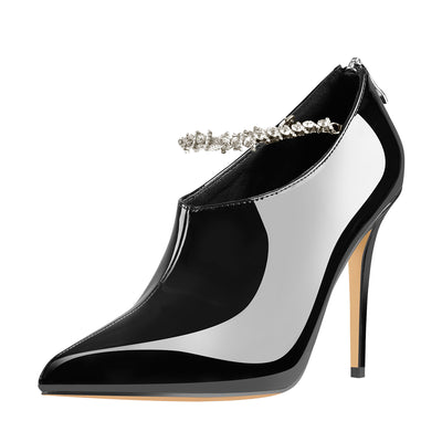 Pointed Toe Rhinestone Chain Patent Leather Stiletto High Heel Booties