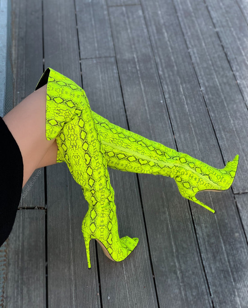 Open Toe Snake Fluorescent Color Stiletto High Heel Over The Knee Boots