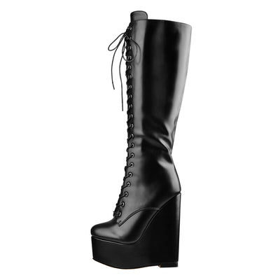 Round Toe Wedge Heel Lace Up Zip Over the Knee Boots